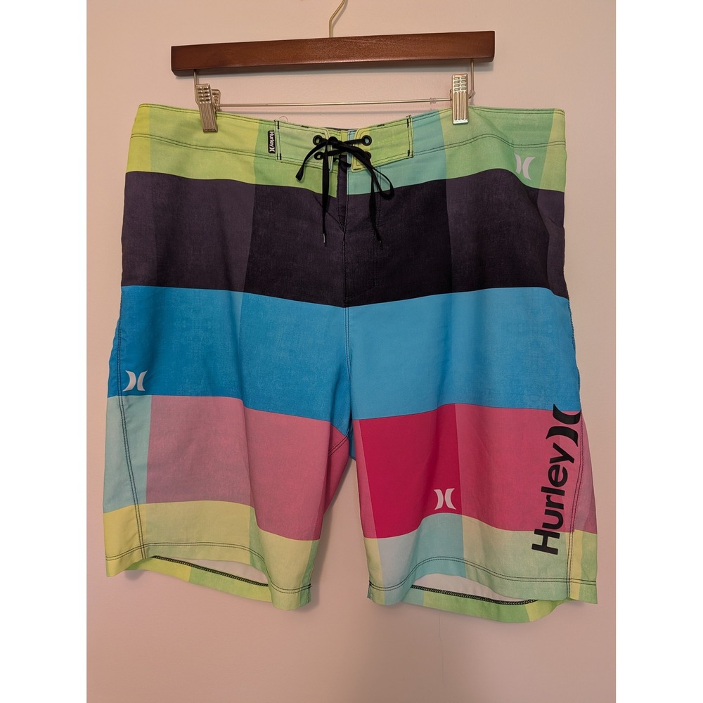 Hurley Men Multicolor Plaid Board Shorts Swim Trunks Tag 36 (fits 38x8.5)